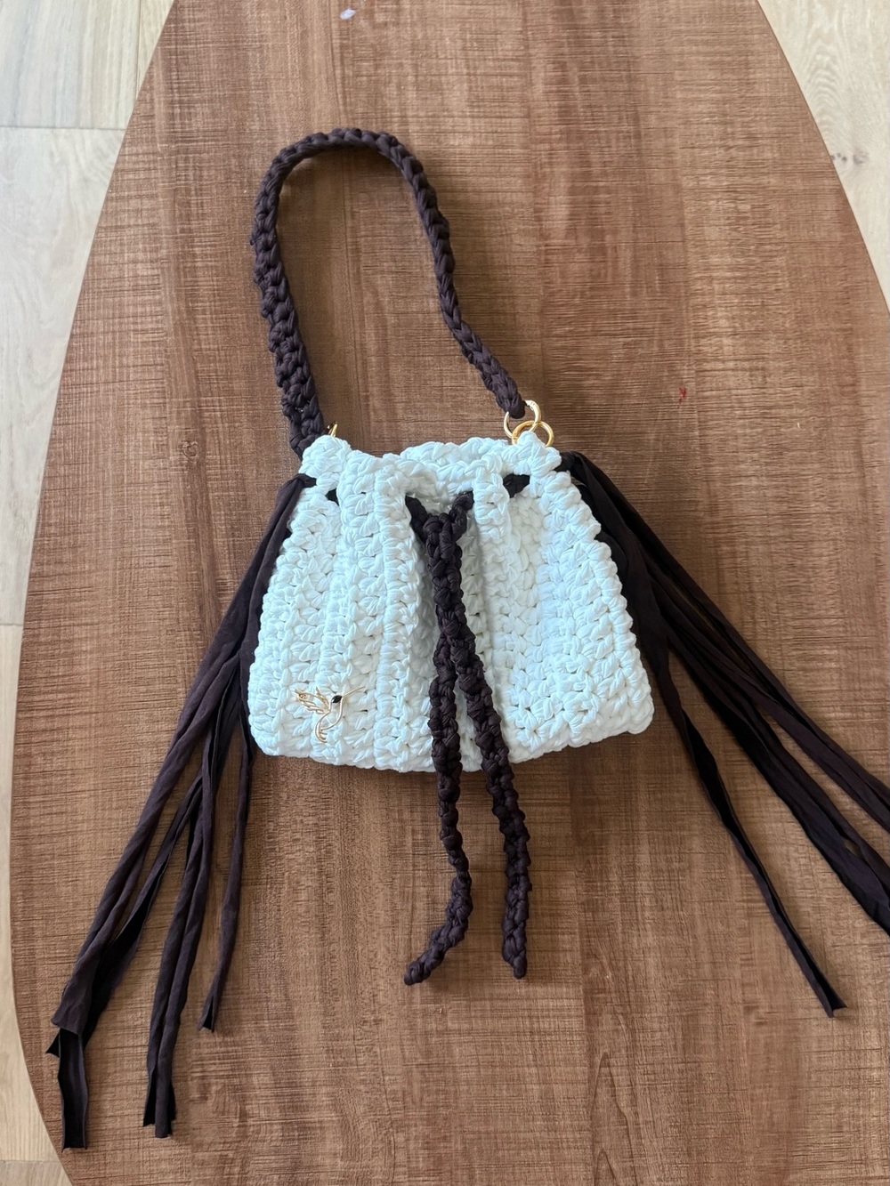 Handwoven Cream and Dark Brown Fringe Shoulder Bag